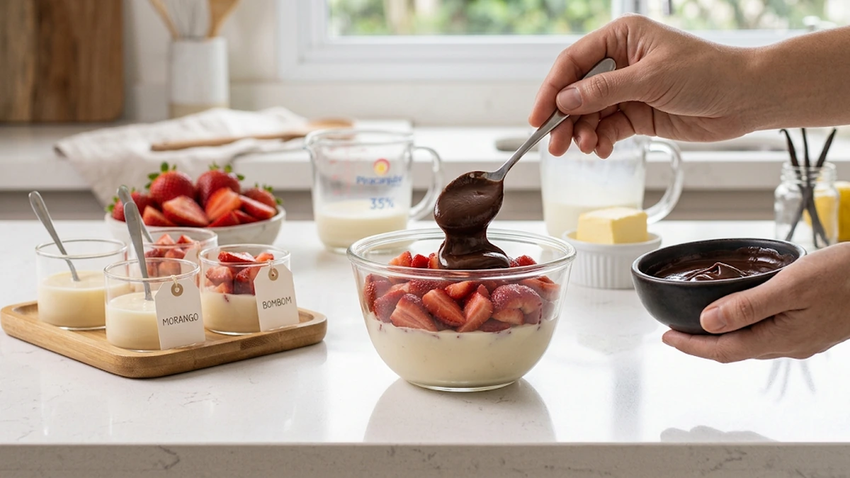Montagem do bombom de morango com morangos, creme branco e ganache de chocolate