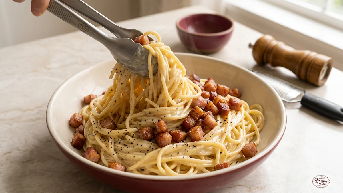 Espaguete envolvido pelo molho da carbonara