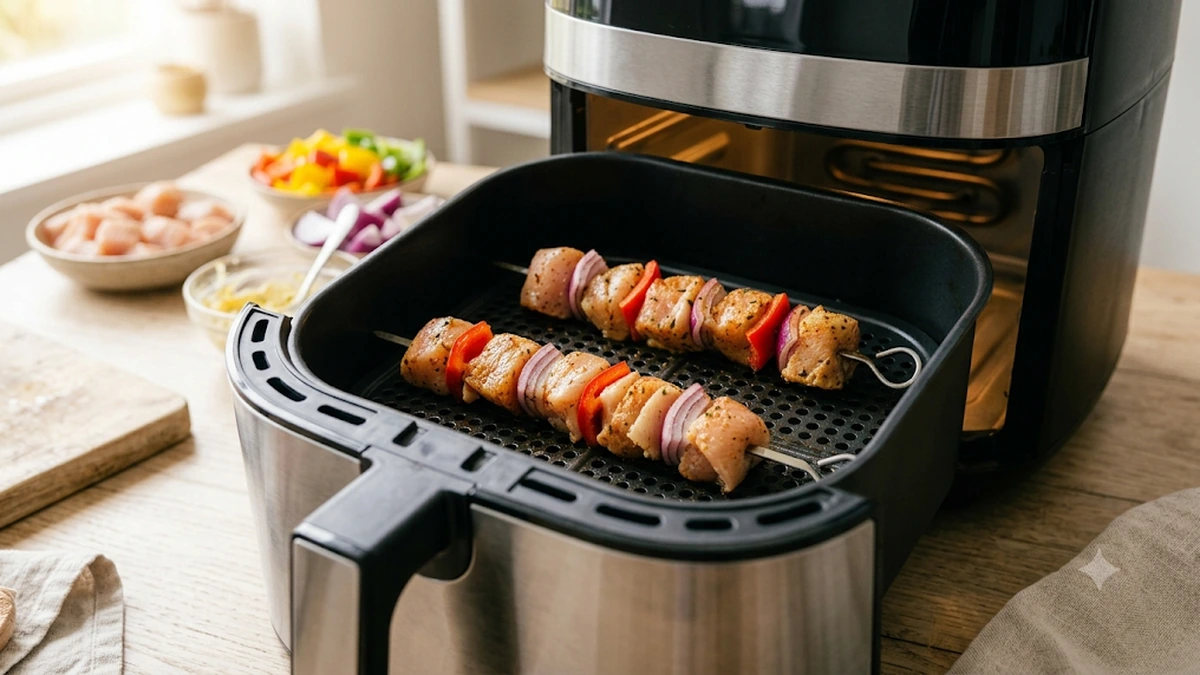 Espetadas de frango sendo preparadas na air fryer