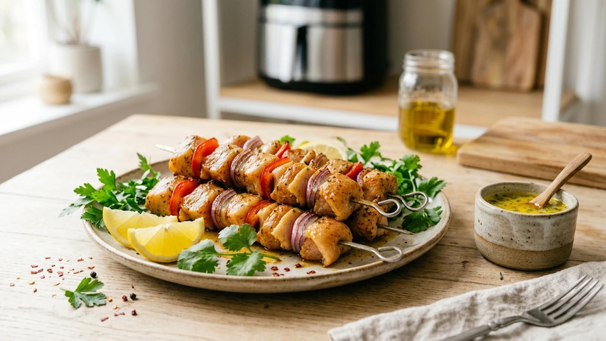 Espetada de frango dourada pronta para servir