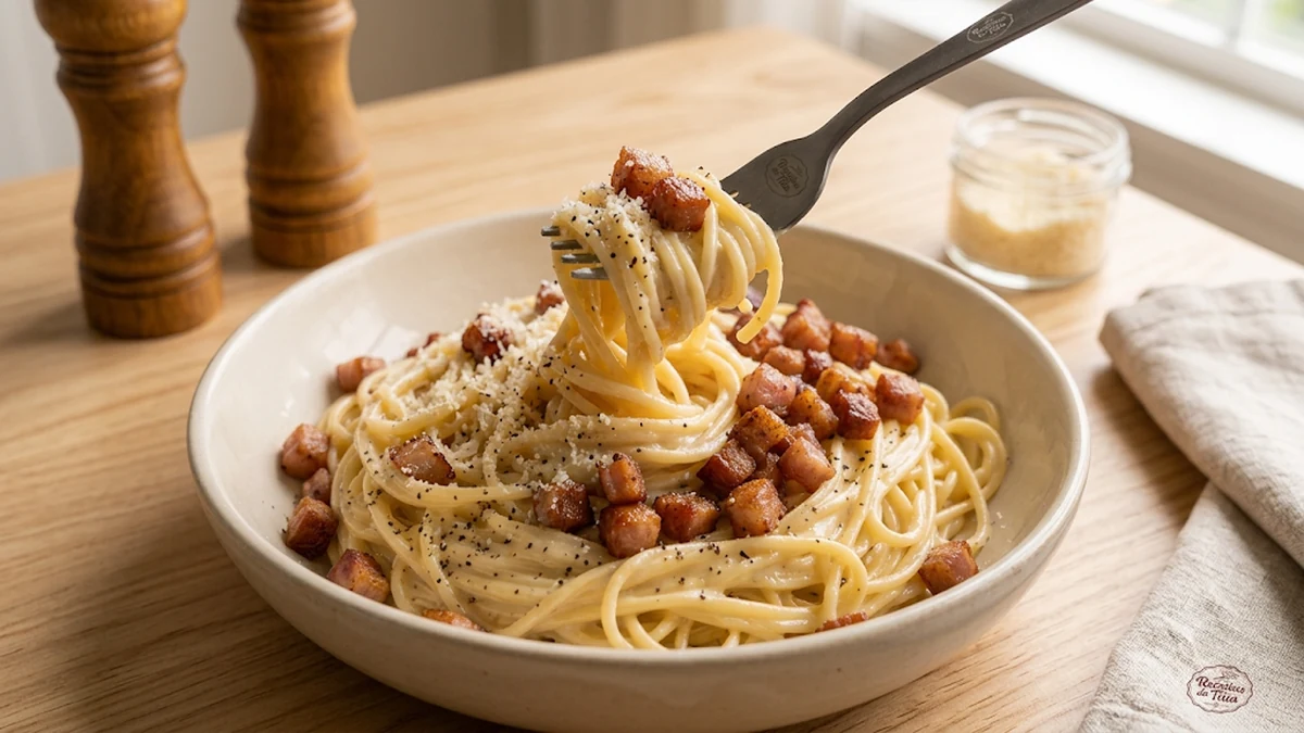Macarrão à carbonara cremoso servido