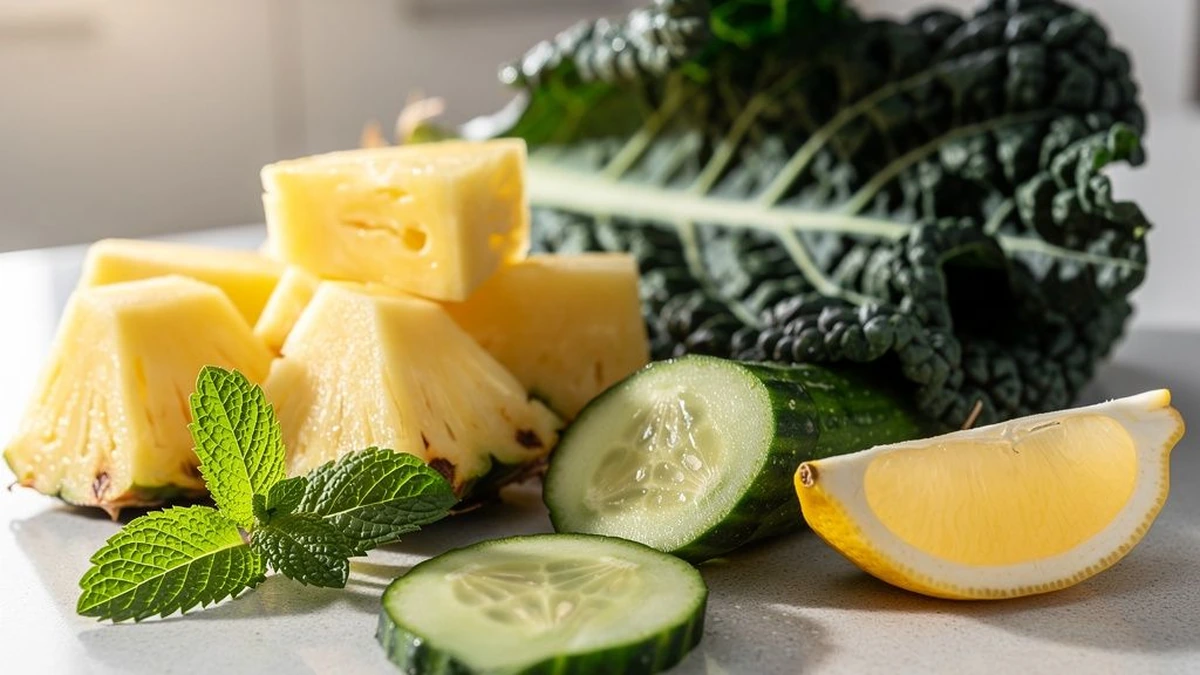 Imagem do suco verde de abacaxi com couve, pepino, limão e hortelã — etapa 2