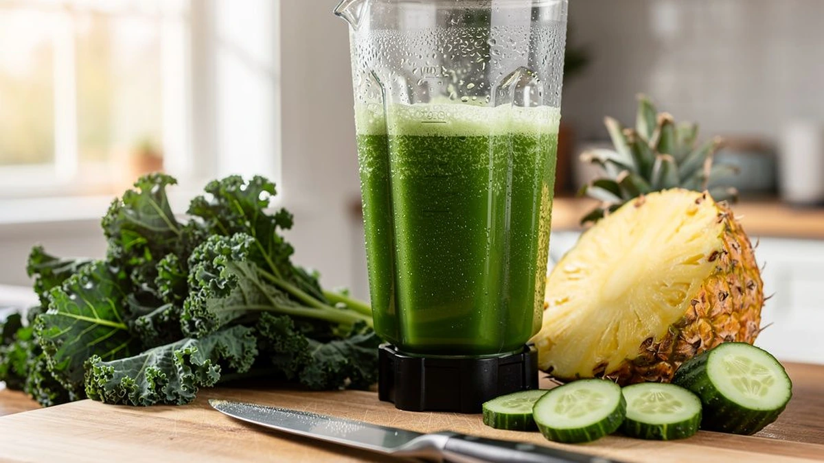 Imagem do suco verde de abacaxi com couve, pepino, limão e hortelã — etapa 3