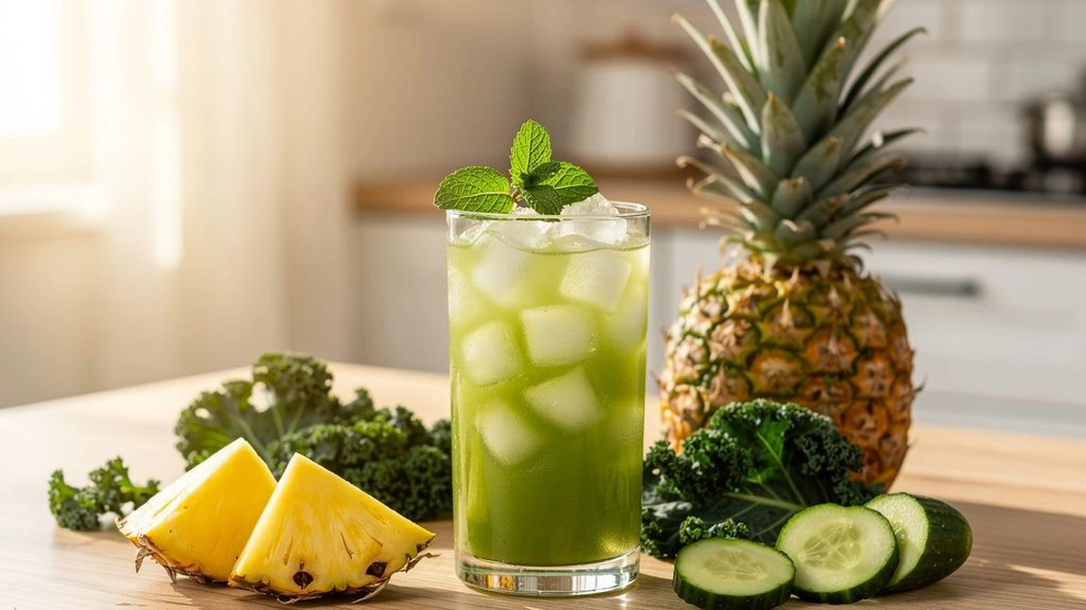 Imagem do suco verde de abacaxi com couve, pepino, limão e hortelã — etapa 5