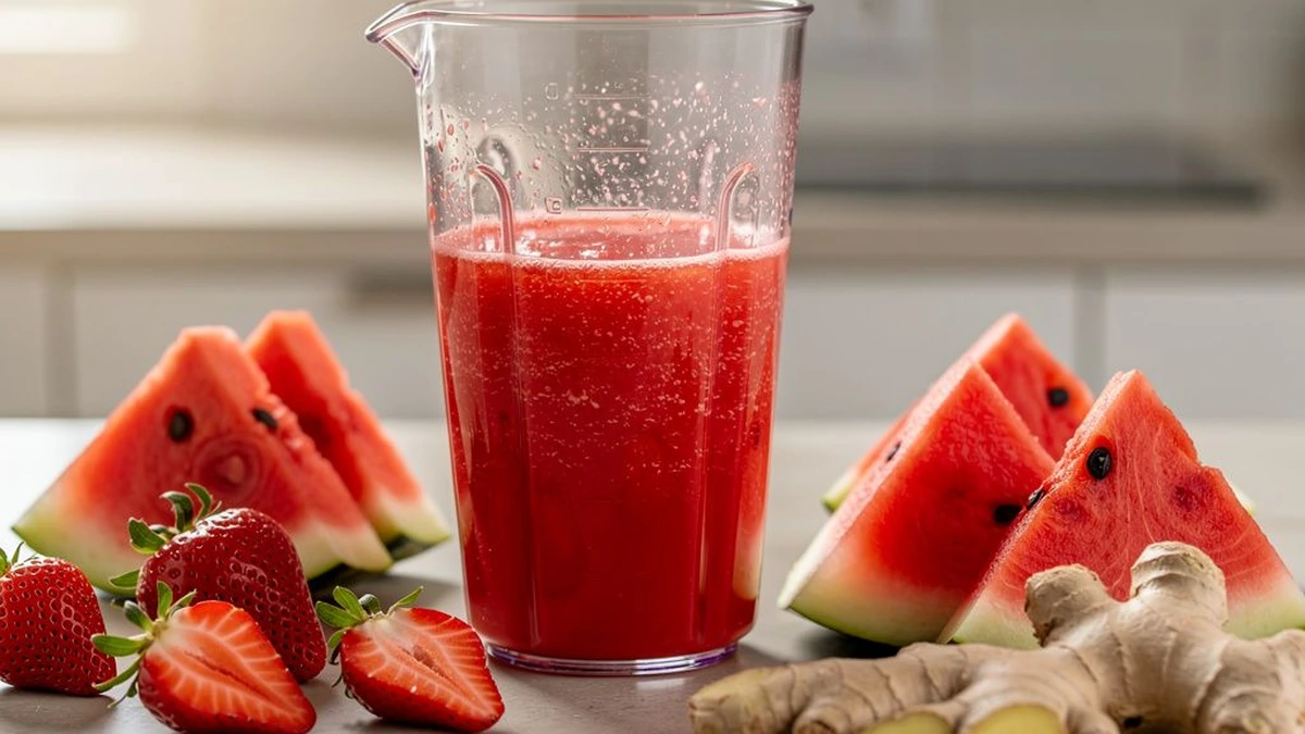 Imagem do suco vermelho de morango e melancia com limão e gengibre — etapa 3
