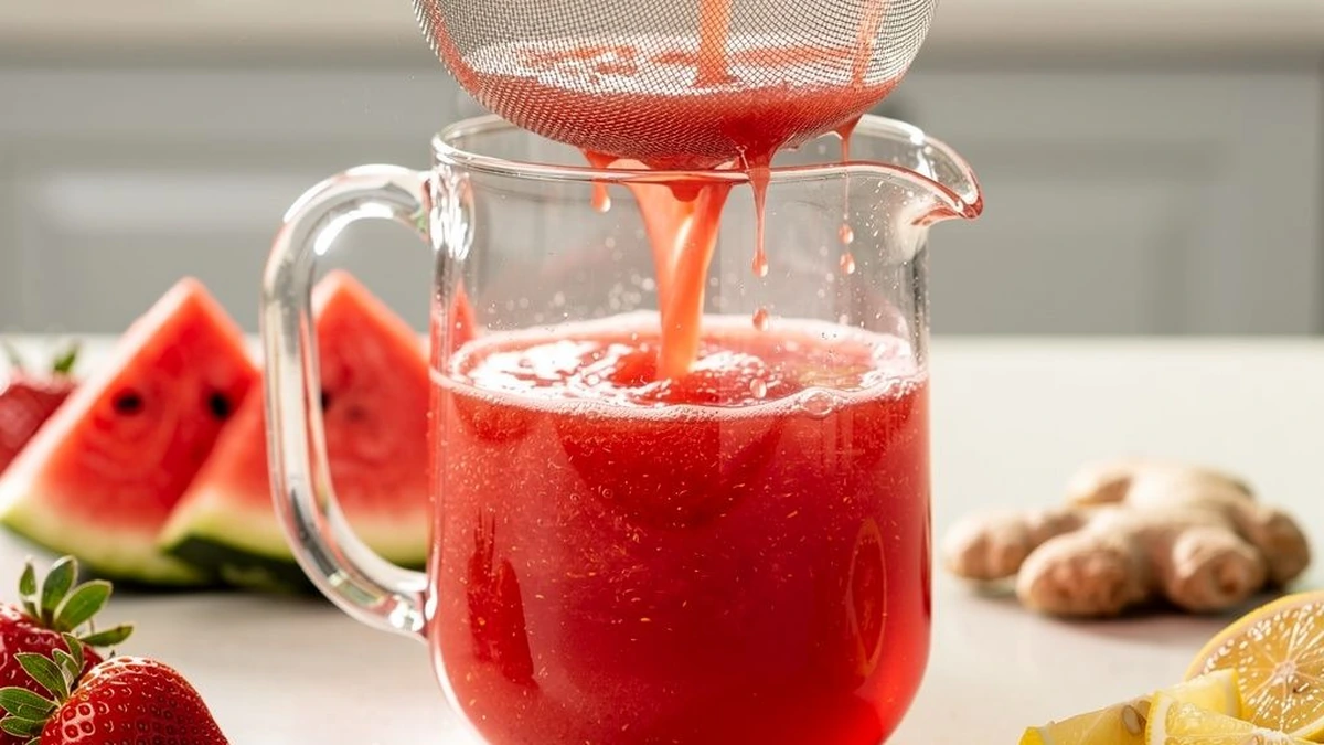 Imagem do suco vermelho de morango e melancia com limão e gengibre — etapa 4