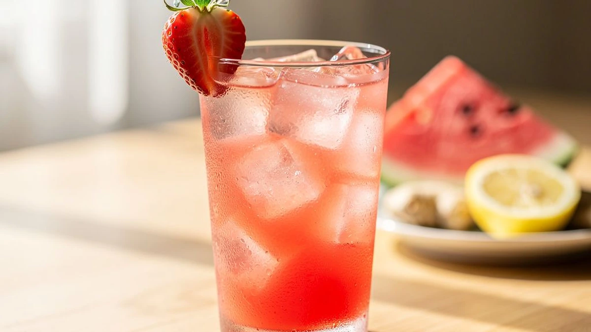 Imagem do suco vermelho de morango e melancia com limão e gengibre — etapa 5